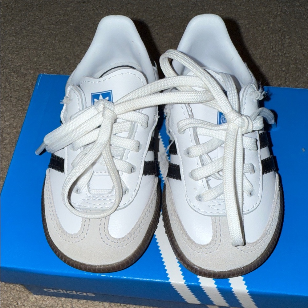 Adidas Kids White and Black Sneakers with Tan Accents